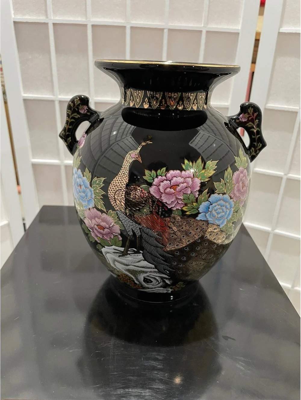 Vintage Japanese Black Ceramic Peacock and Floral Vase